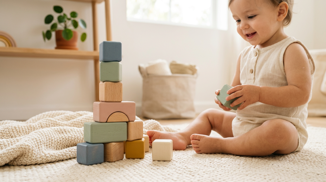 A toddler's hands stacking plain wooden play blocks on a messy living room rug next to a coffee cup.