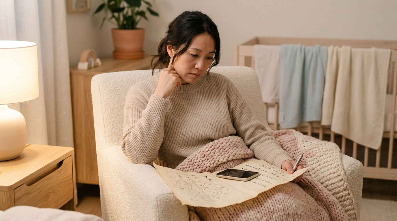 Pregnant woman sitting in the dark looking at her phone screen.