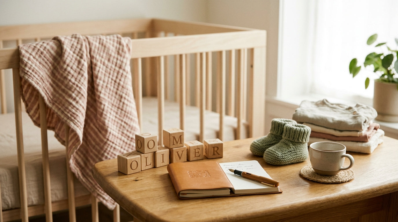 An exhausted pregnant woman staring blankly at a list of baby names on her phone