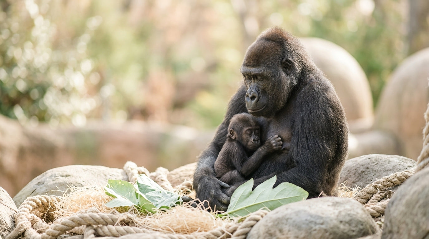 Gladys the gorilla and baby at Cincinnati zoo alongside a tired mom