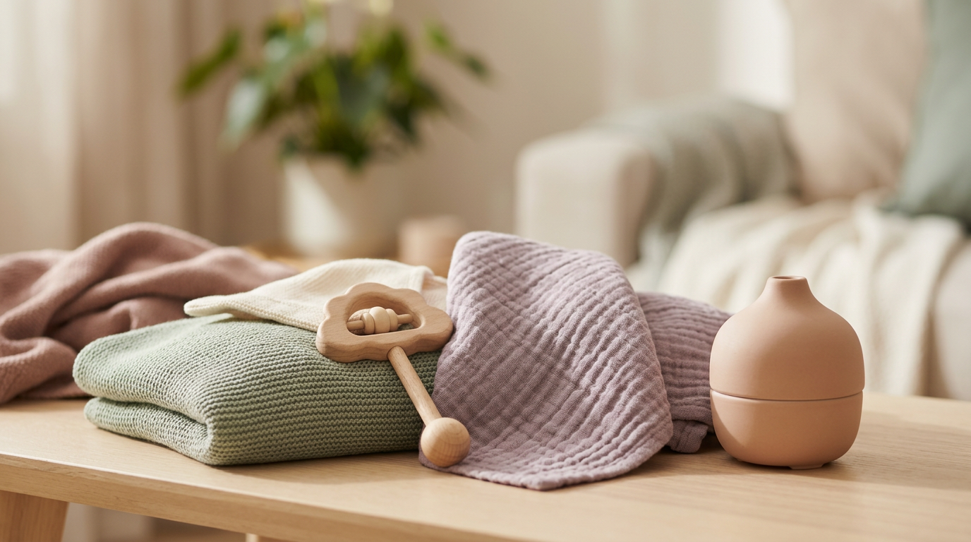 Baby chewing on a wooden instrument surrounded by organic cotton blankets