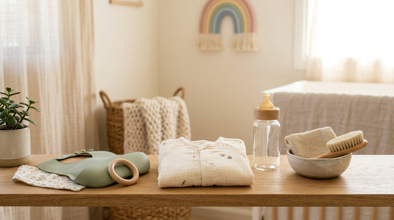 Mother comforting her crying cmpa baby with severe eczema on a changing table