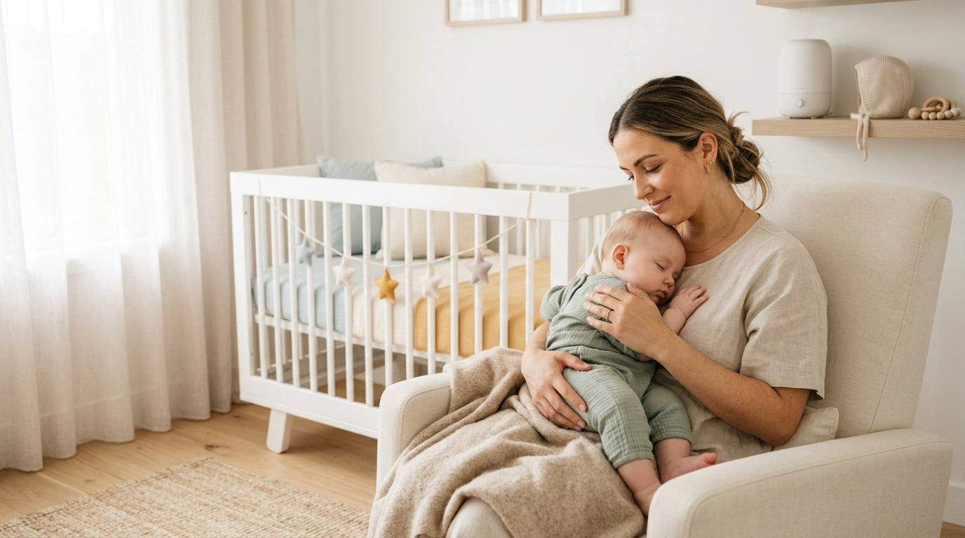 A tired father holding a baby in a steam-filled bathroom at night