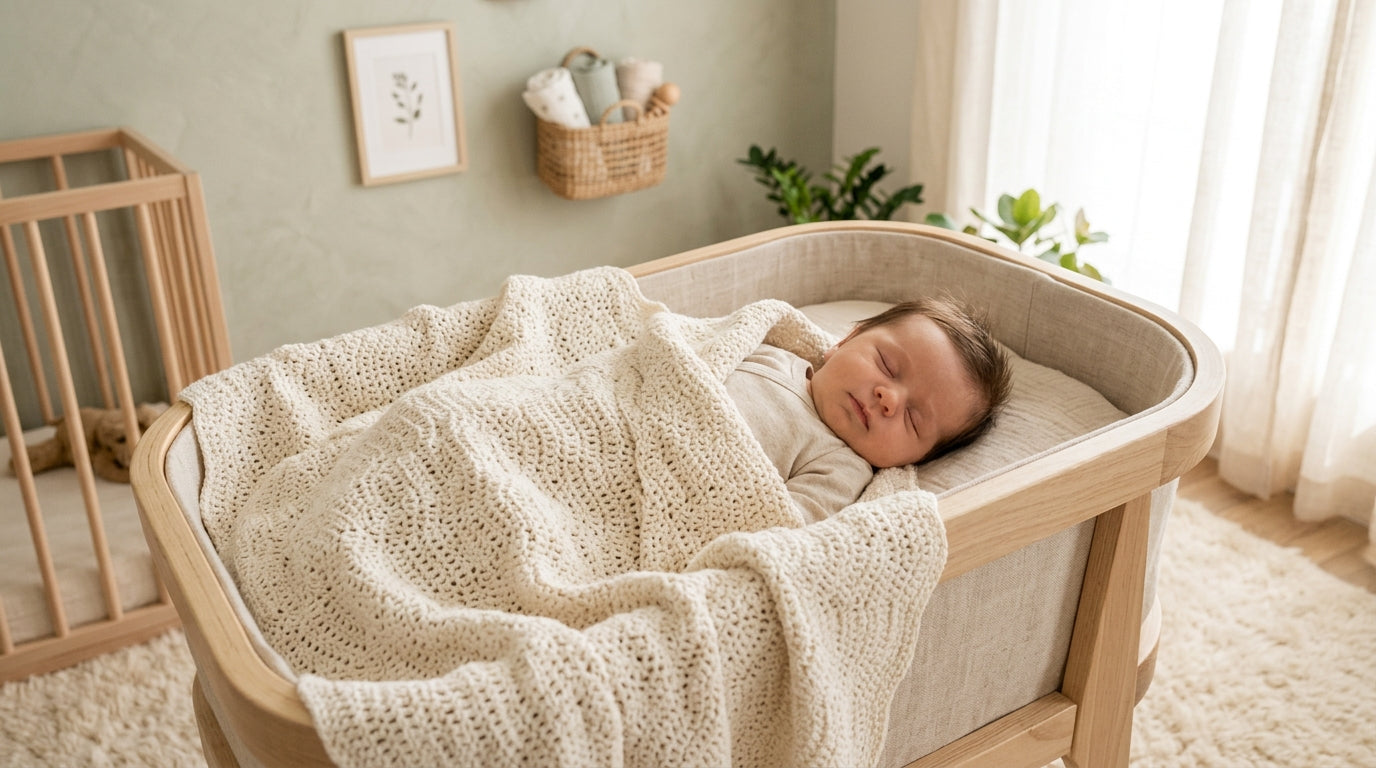 A soft handmade crochet blanket for newborn draped safely over a baby play gym.