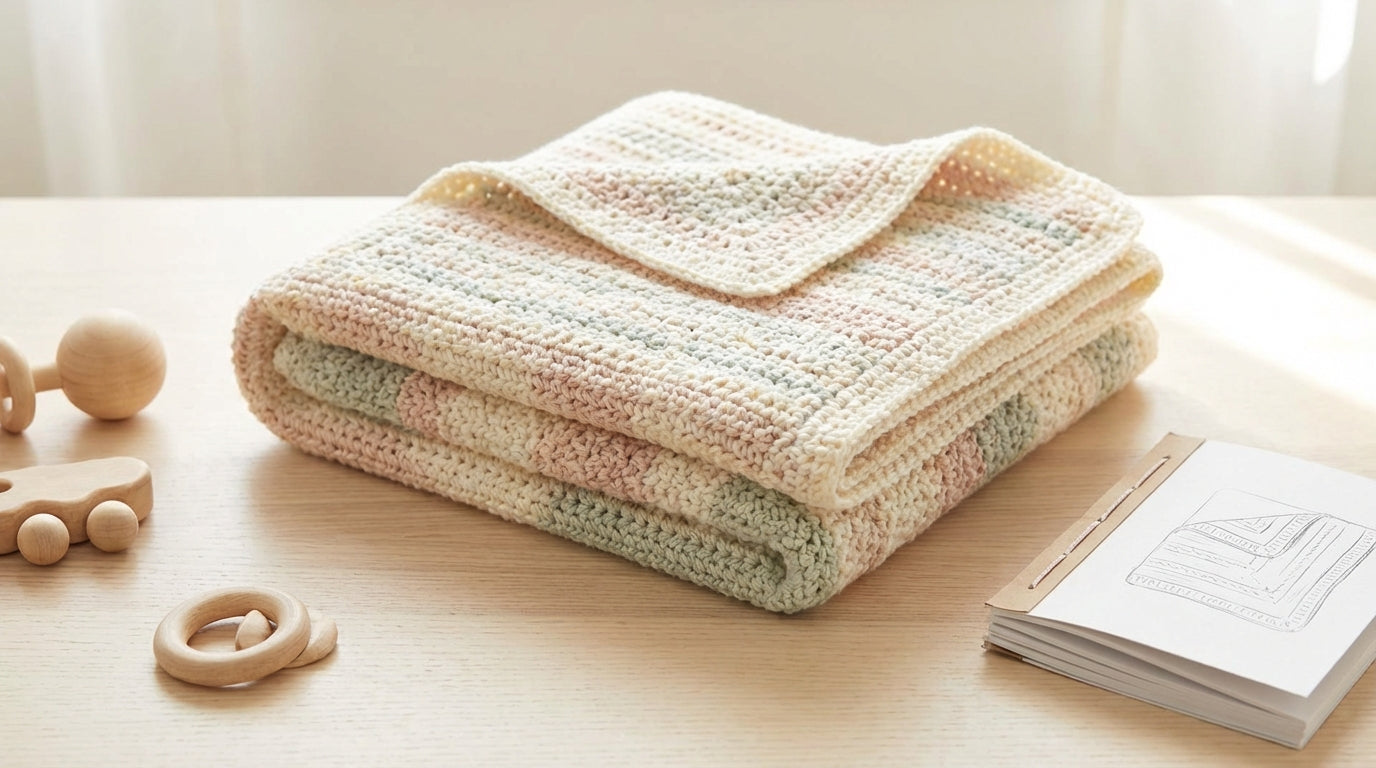 Close up of dense yarn stitches on a safe baby blanket