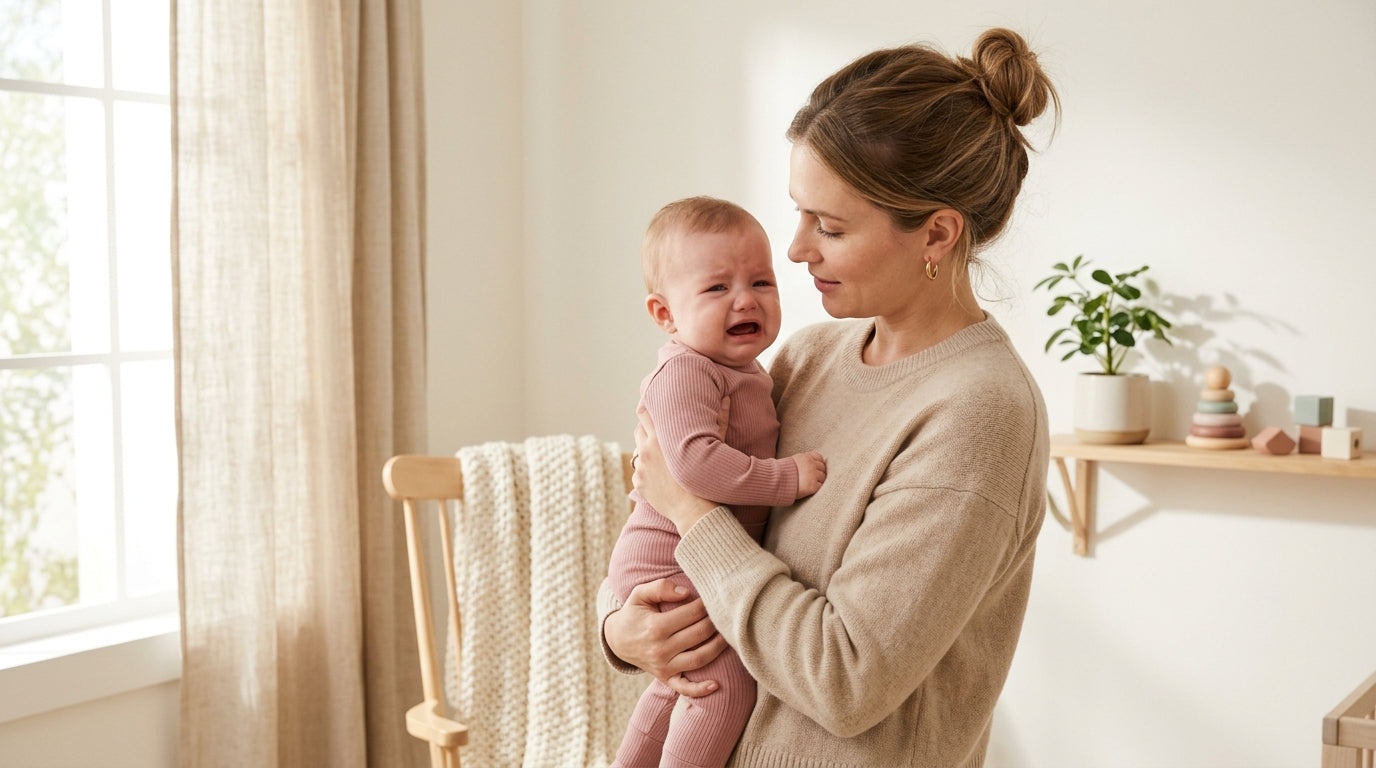 Tired mom holding a crying infant in a dark nursery