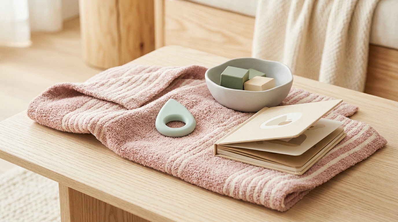 Sarah holding a crying newborn baby while sitting on a messy living room couch