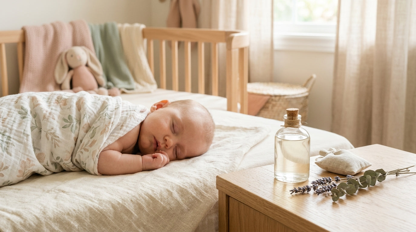 Frustrated mom holding a crying baby in a nursery late at night