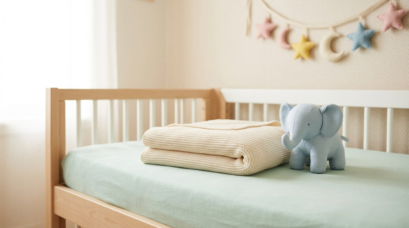 A dad looking confused holding a personalized baby swaddle in a nursery