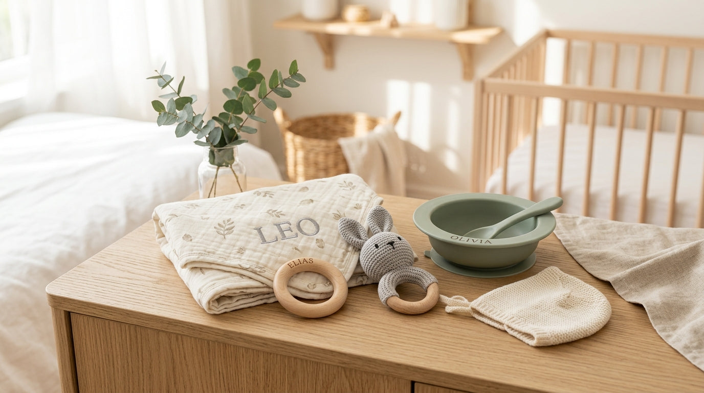 A customized wooden baby block with the name Leo engraved sitting on a rug