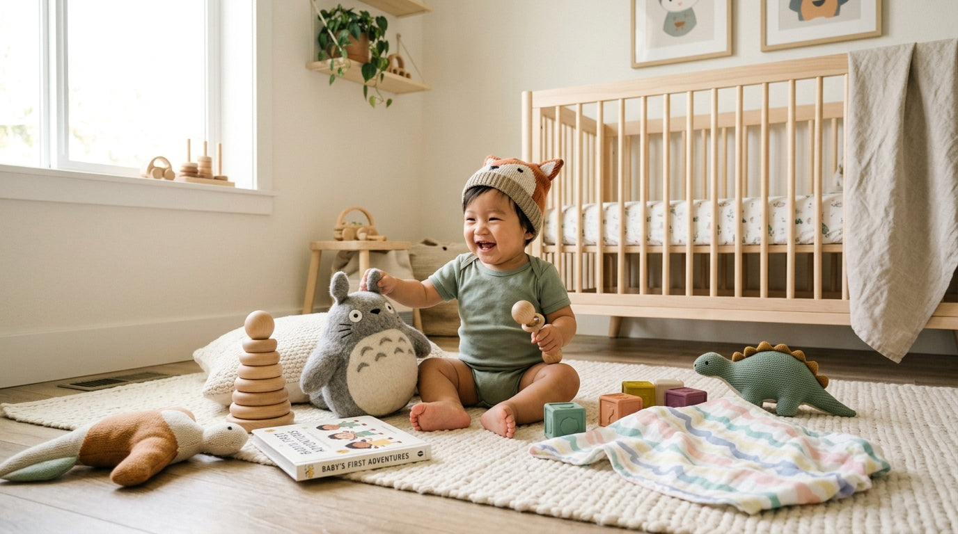 Tired mom holding a teething baby while watching anime on television