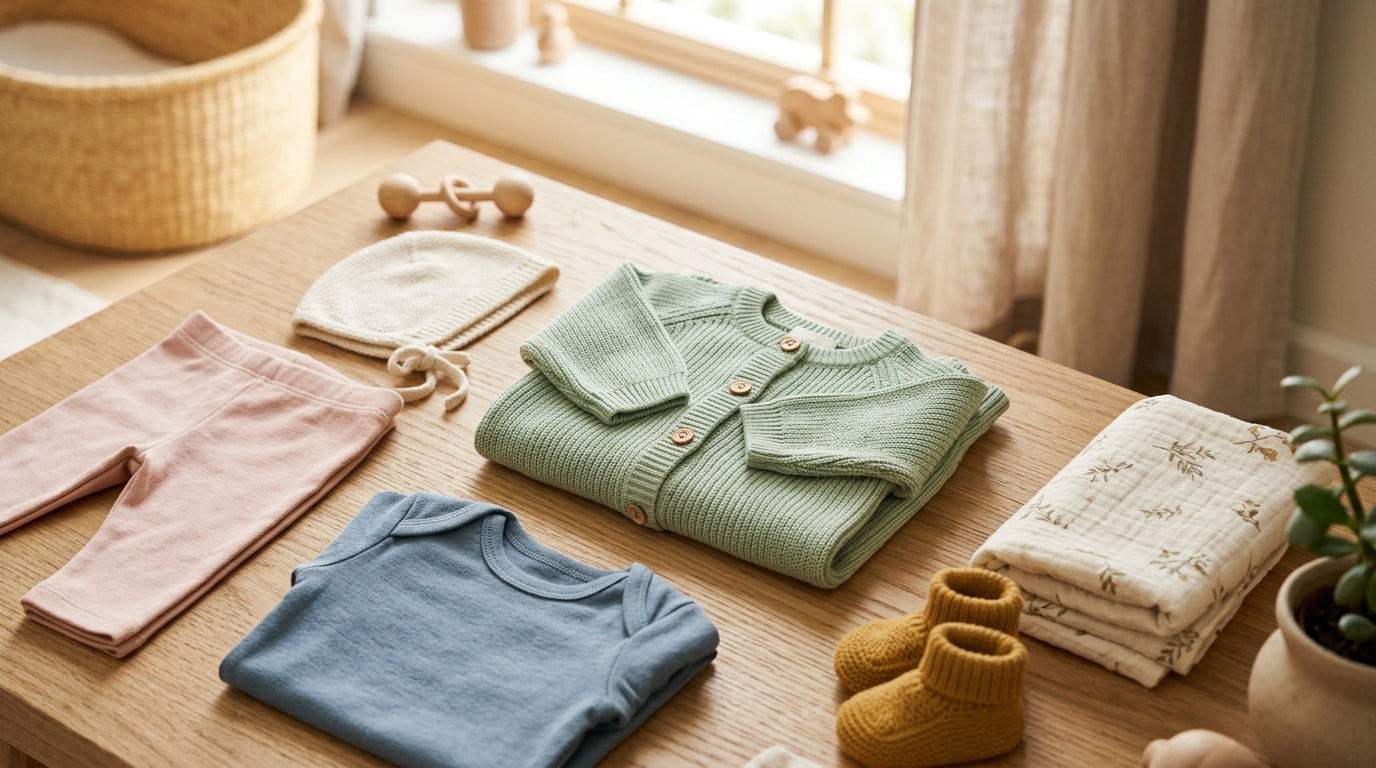 A frustrated dad staring at a complicated pile of baby clothes.