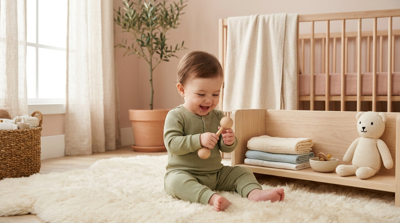 Exhausted mom holding a messy baby in a cute baby tee while drinking coffee