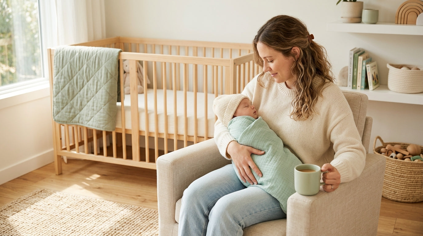 Mother holding sleeping toddler while looking stressed at smartphone screen