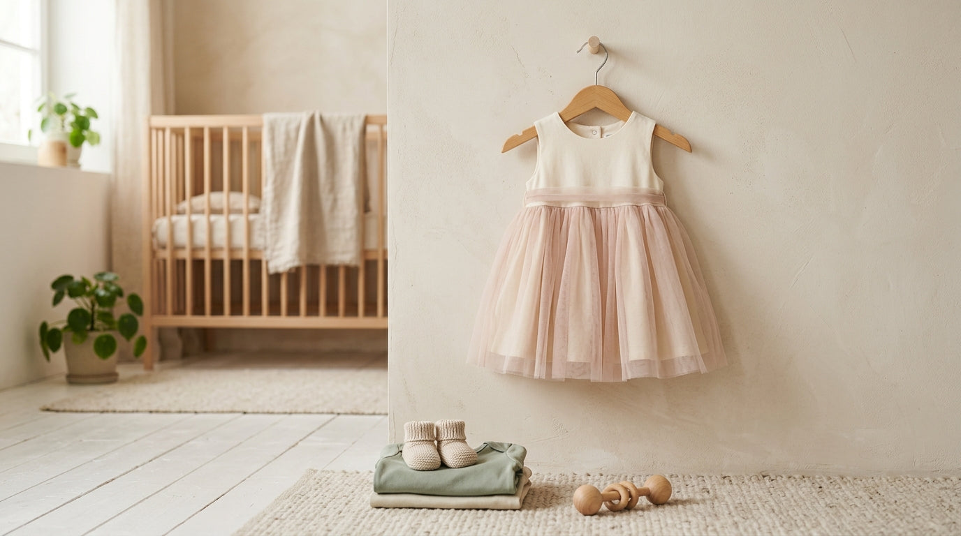 First time dad holding 11-month-old baby girl in a functional organic cotton dress