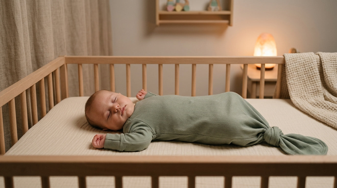 Exhausted father trying to figure out a knotted newborn sleep gown in the dark