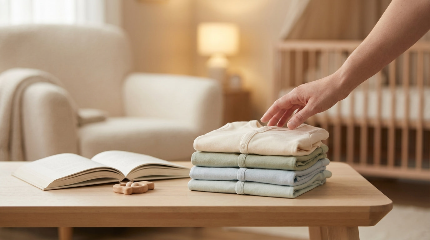 Exhausted dad holding two babies in footless sleepwear on a messy rug