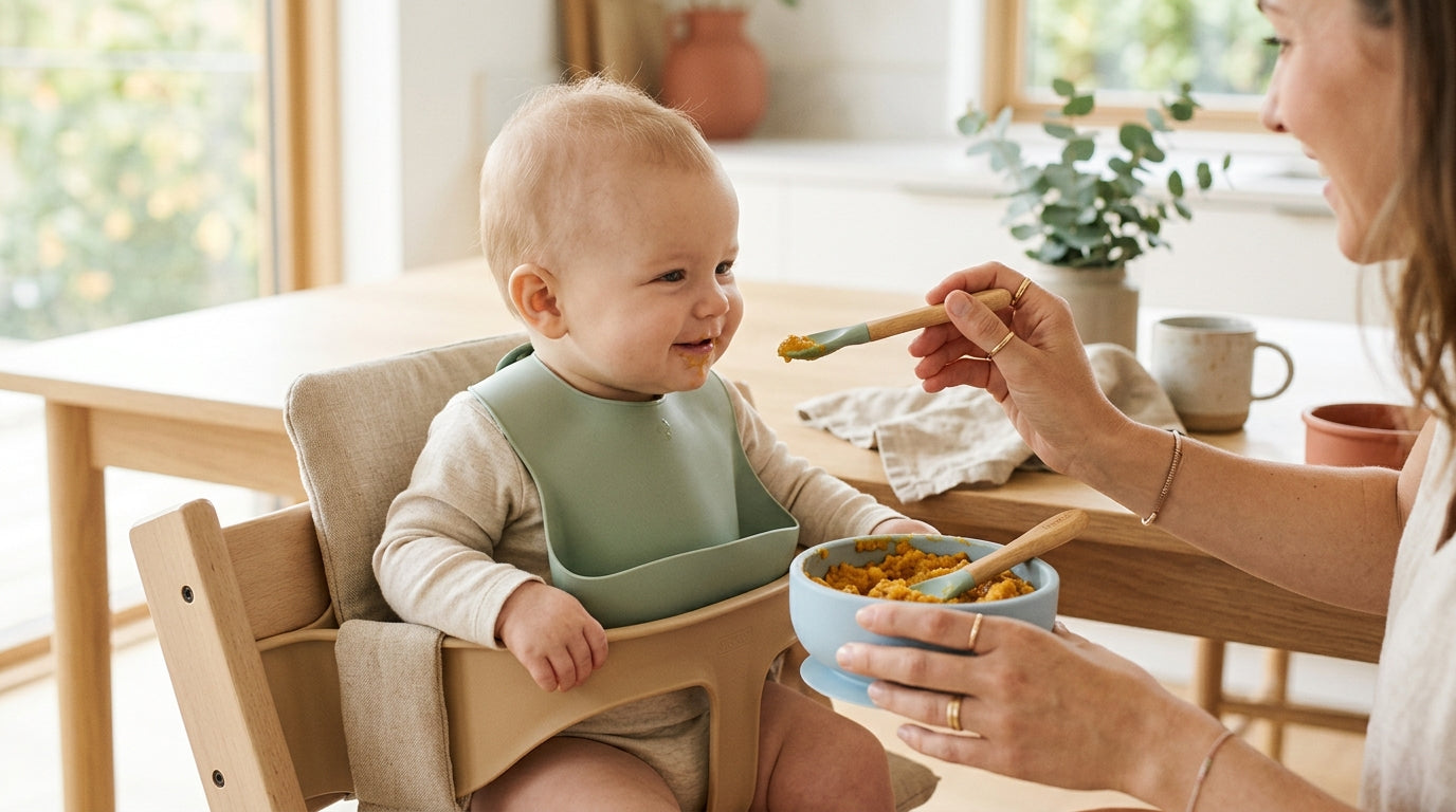 Baby covered in mashed sweet potato staring confused at a broccoli floret