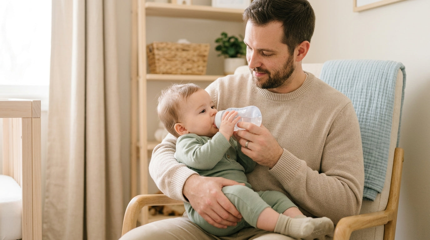 An exhausted dad looking at a pediatric dosing chart on his phone