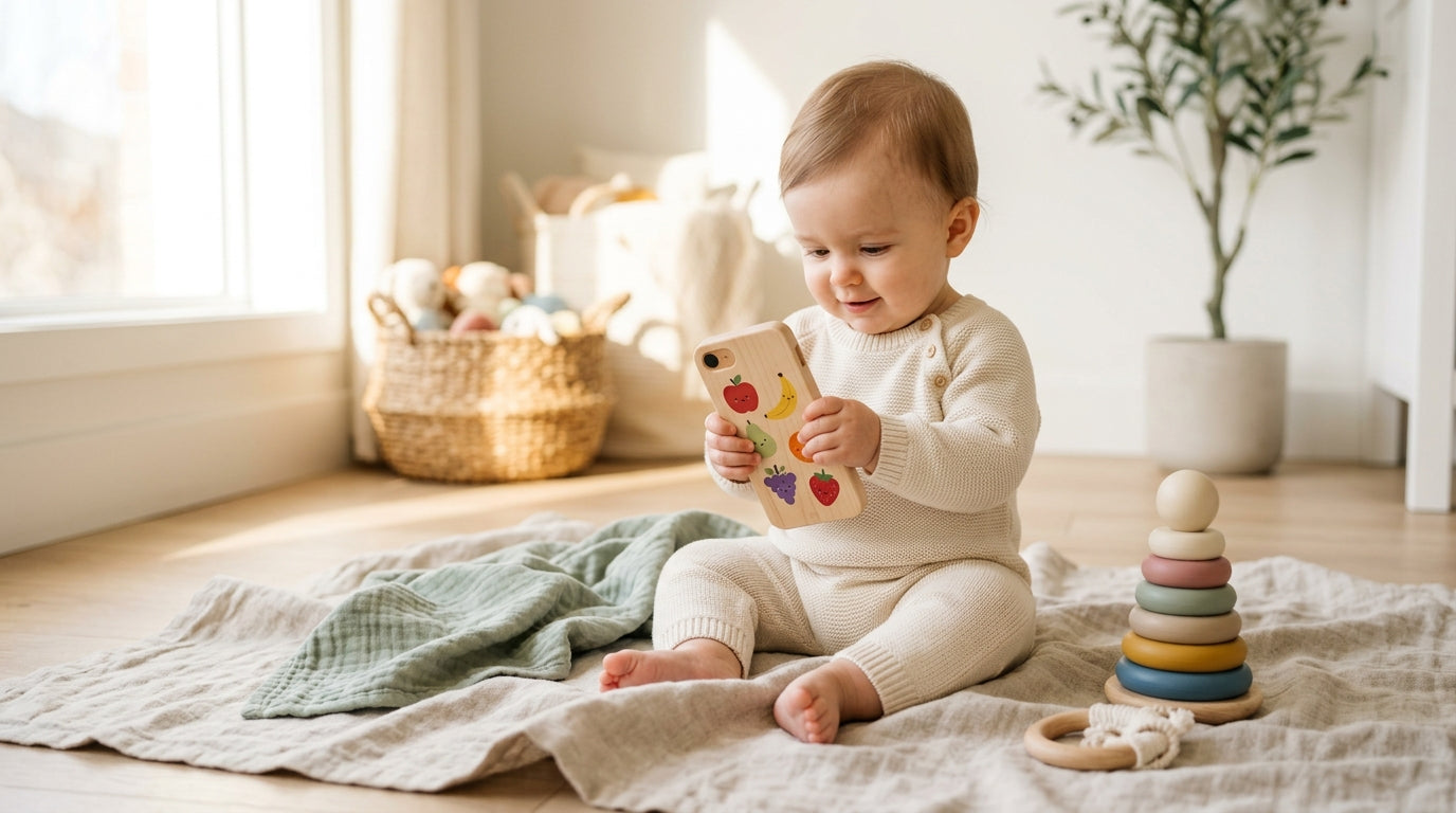 Infant looking at wooden play gym toys on a soft patterned playmat.