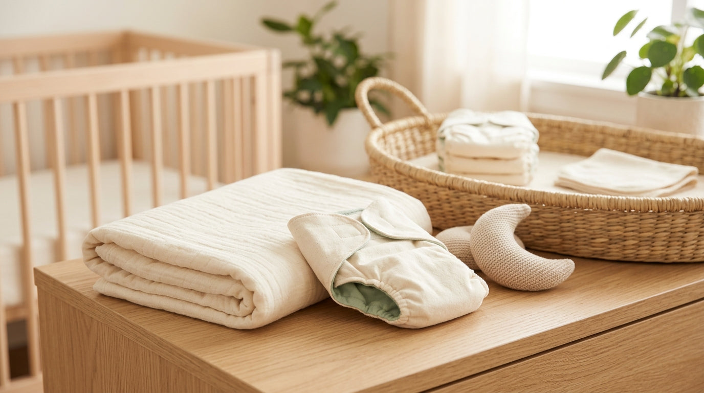 A tired dad holding a fresh nappy and baby wipes in a dimly lit nursery.