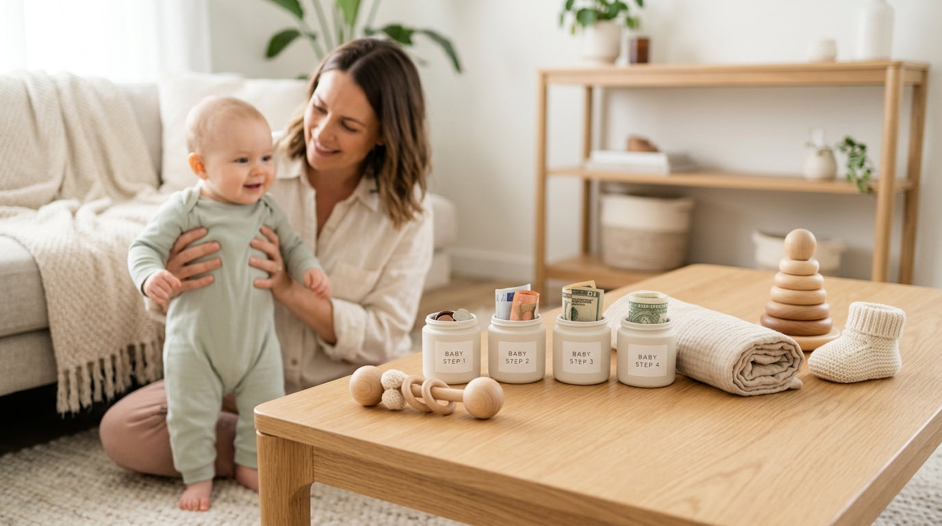 A tired dad trying to calculate a household budget while holding twin babies