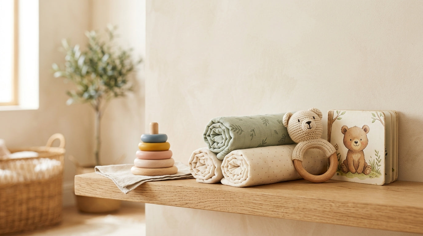 A messy living room floor with a toddler playing near an organic baby bodysuit and a half-empty cup.