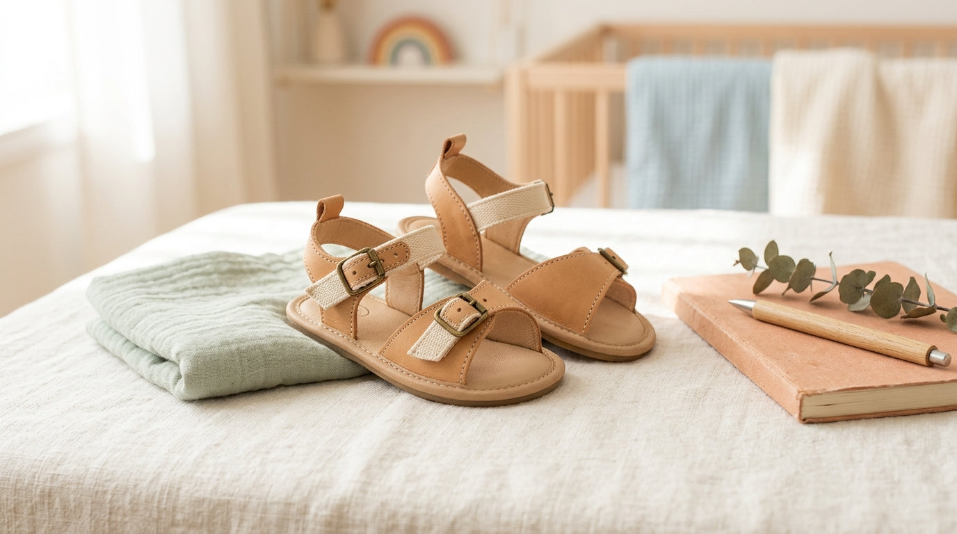 A stressed mom holding a tiny pair of baby sandals next to an iced coffee.