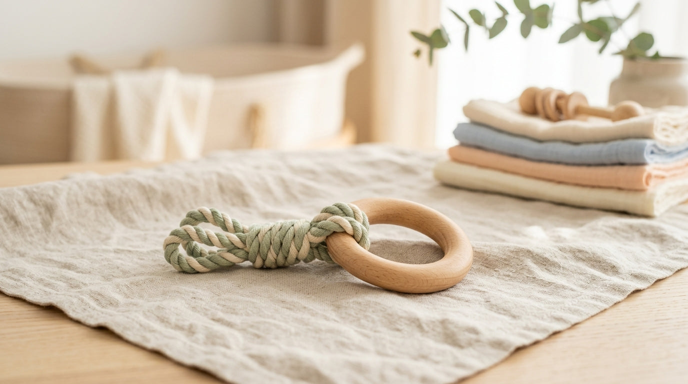 Baby chewing on a chilled silicone panda teether next to a wet washcloth.