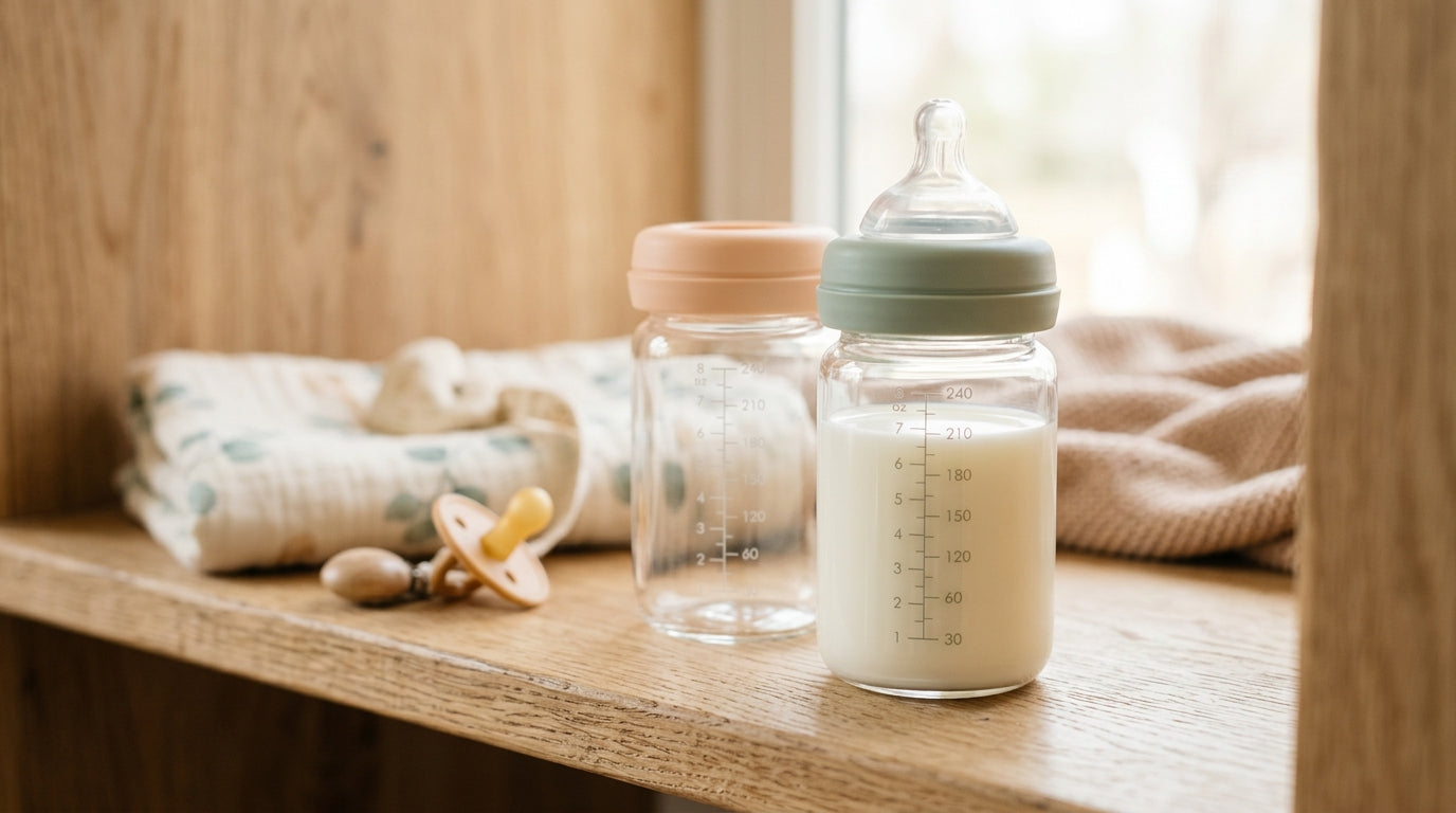A tired mom pouring milk into a glass baby bottle on a messy kitchen counter.