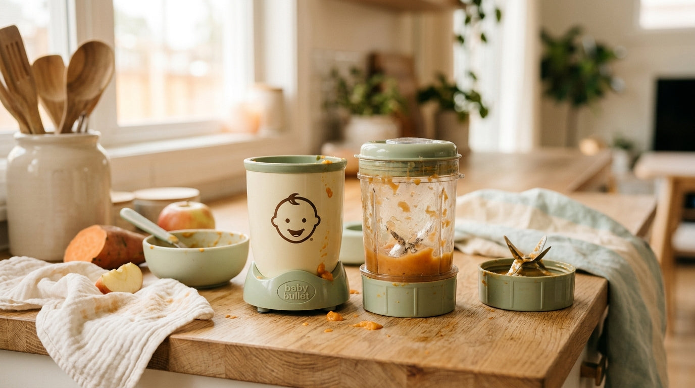 Priya staring at a pile of pureed sweet potatoes in tiny plastic cups