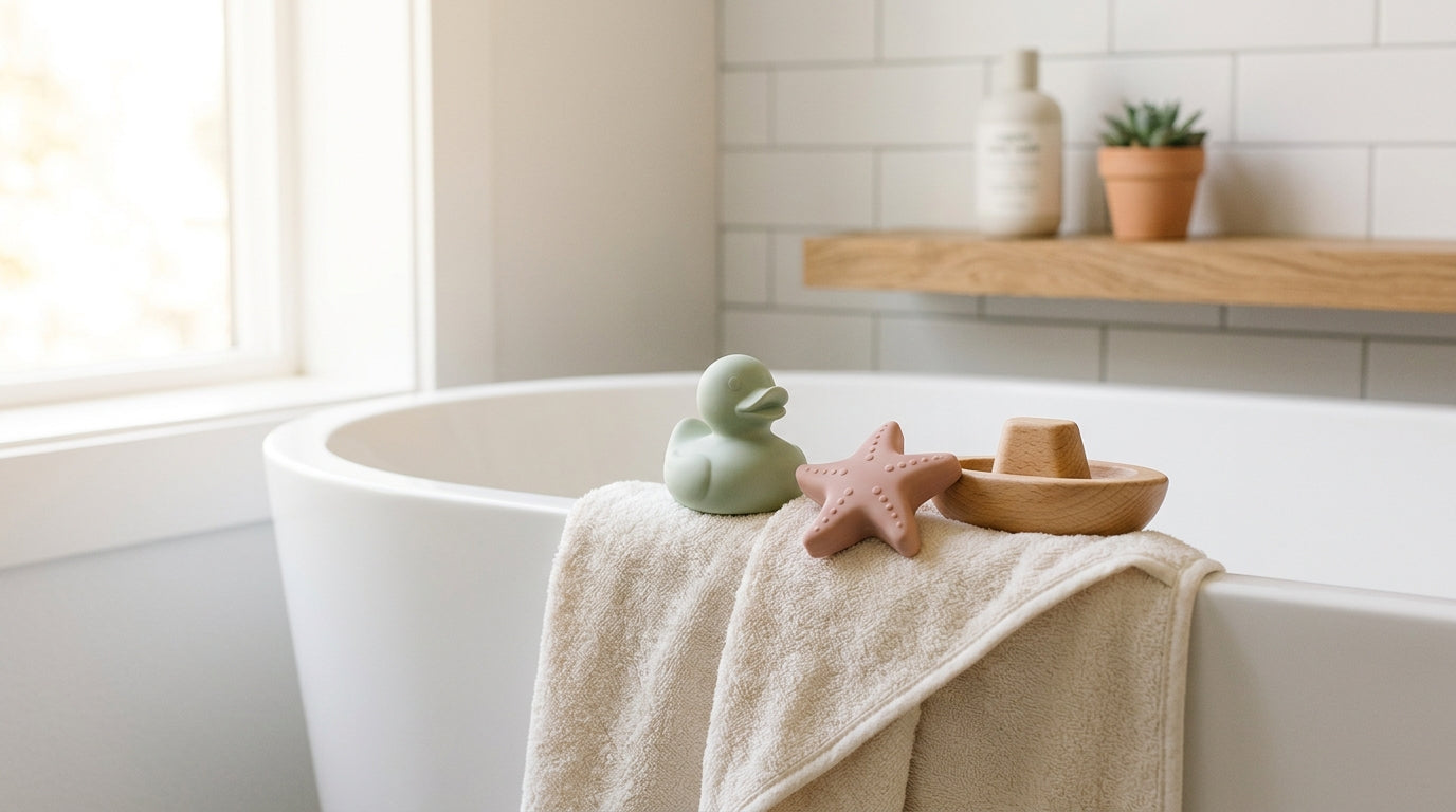 An 11-month-old baby playing with silicone blocks in a safe, mold-free baby bath.