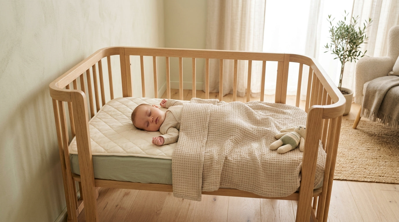 A tired dad looking at a baby sleeping in a wooden crib with a bamboo blanket
