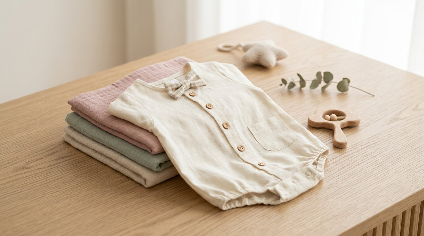 Dad holding a baby girl in a cotton outfit while looking confused at a tulle skirt.