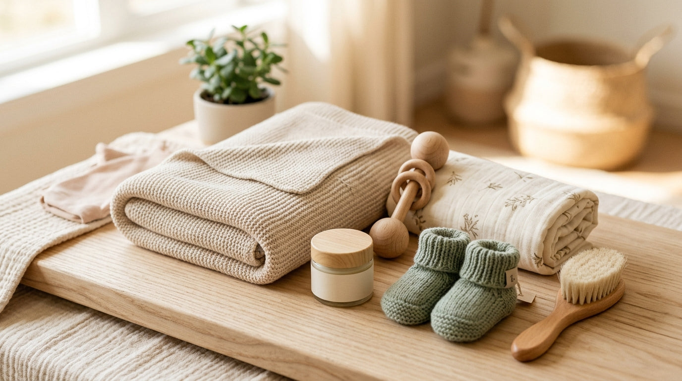 A reusable canvas tote filled with practical baby items and coffee