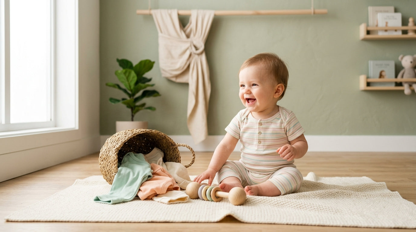A blurry photo of a screaming infant wearing an organic cotton bodysuit while kicking a wooden block.