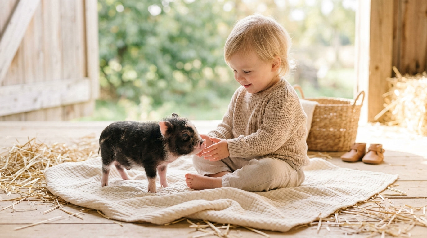 A tired dad holding a swaddled baby pig and a coffee mug in a messy kitchen.