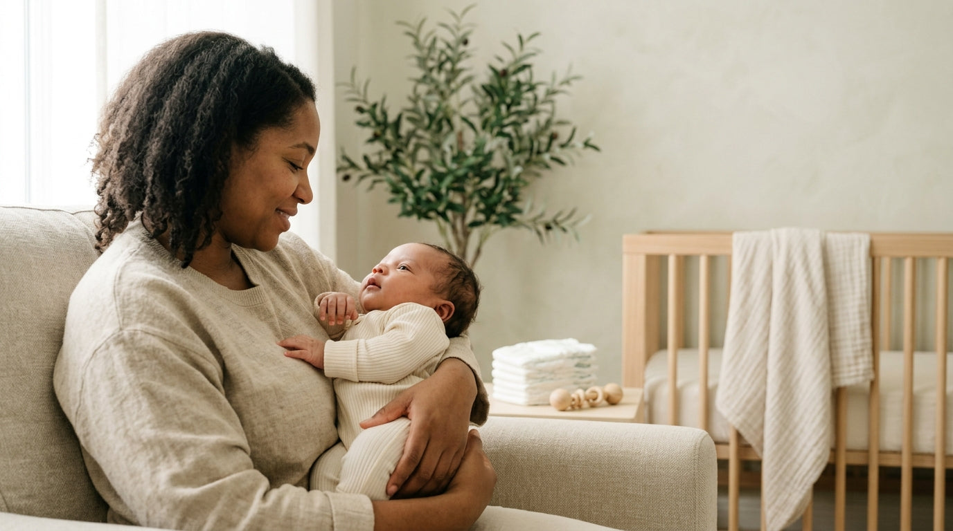 Exhausted dad looking at a baby monitor and analyzing sleep data on a laptop.