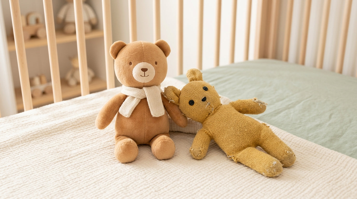 A vintage Rumba the Tiger sitting safely on a high nursery shelf away from the crib