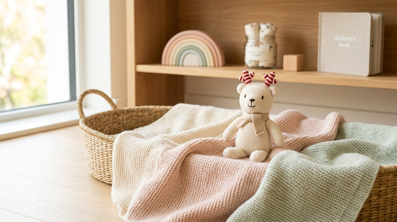 A vintage plush dragon sitting on a nursery shelf next to wooden toys
