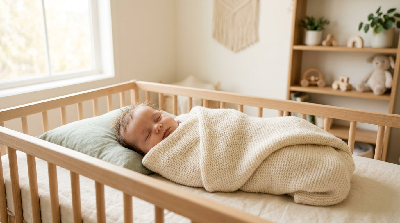 A folded babydecke aus merinowolle resting on a nursery chair.