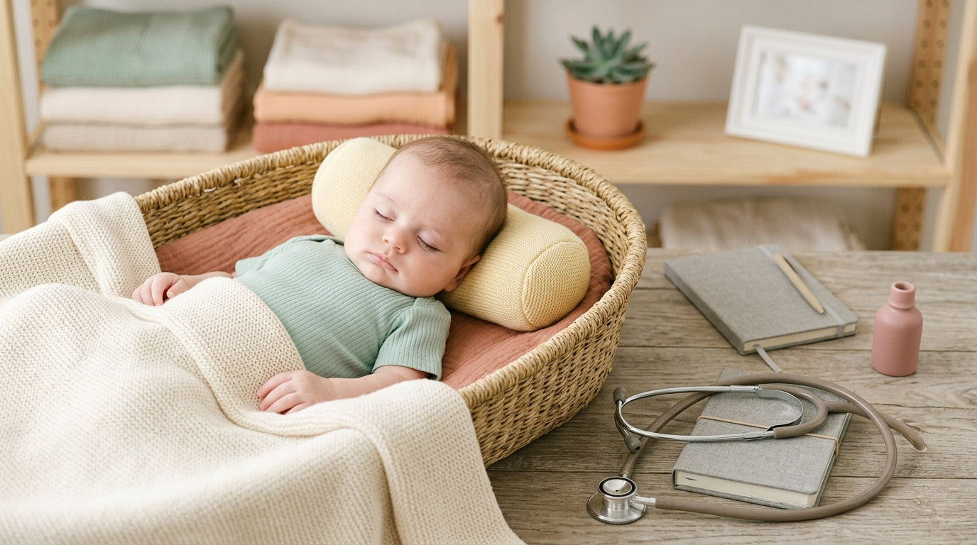A sleeping newborn baby wearing an organic cotton bodysuit in a crib.