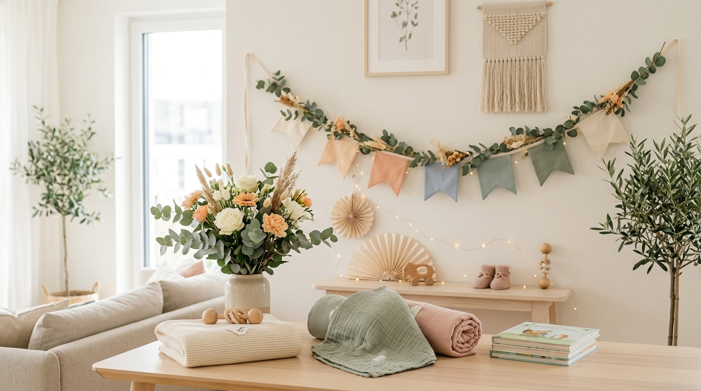 A rustic table setup for a deko babyparty featuring Kianao organic cotton swaddles and wooden toys as sustainable decor.