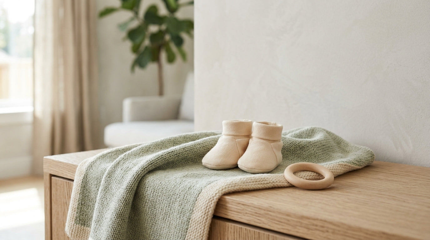 A soft purple organic baby blanket folded neatly on a wooden nursery chair