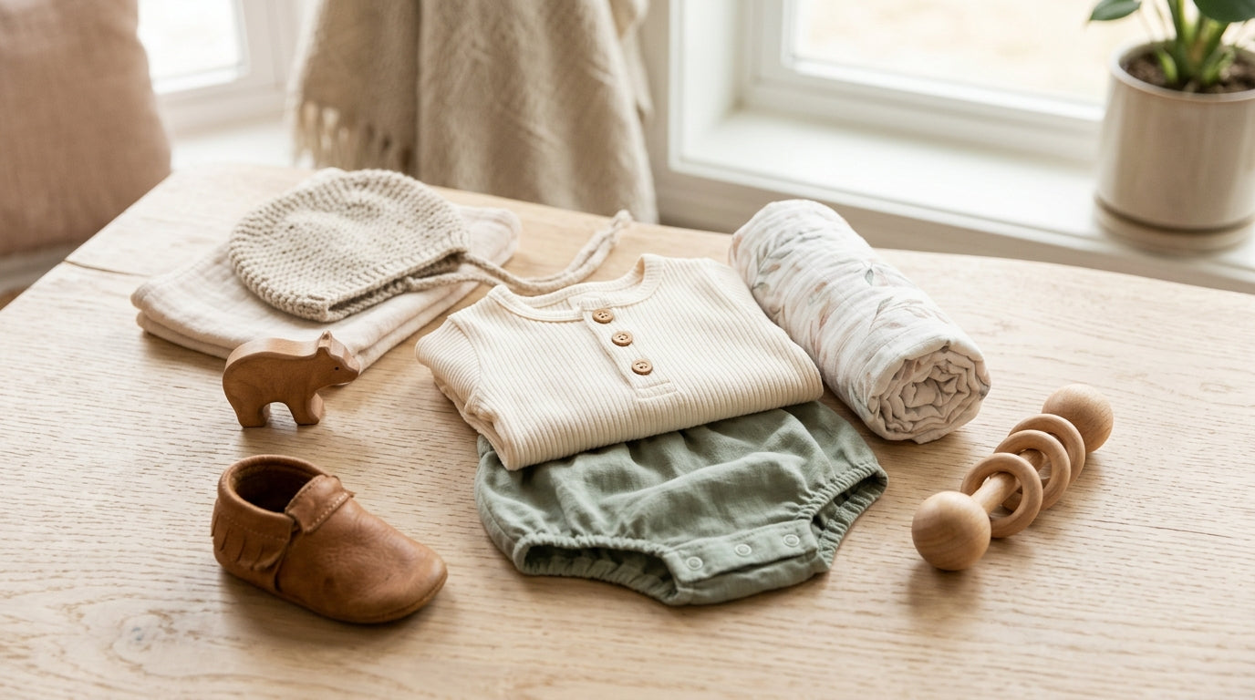 A tired dad holding a baby wearing a comfortable organic cotton bodysuit.