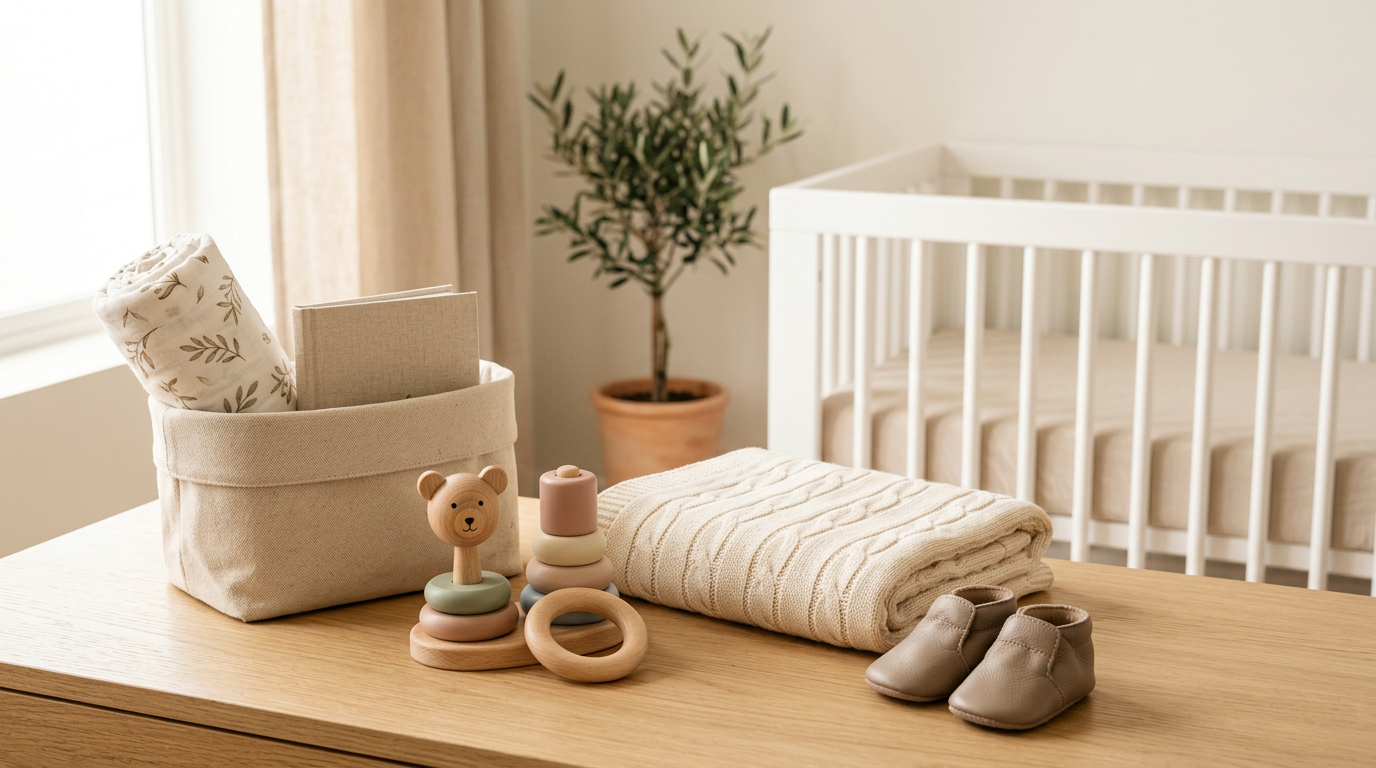 Mom holding folded organic baby clothes bought during a designer sale