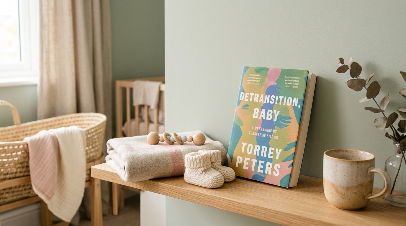 Sarah holding a coffee cup while reading on a messy couch surrounded by scattered baby toys