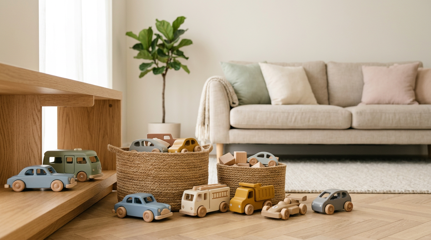 A wooden toy bulldozer abandoned next to a half-empty coffee cup on a living room rug.