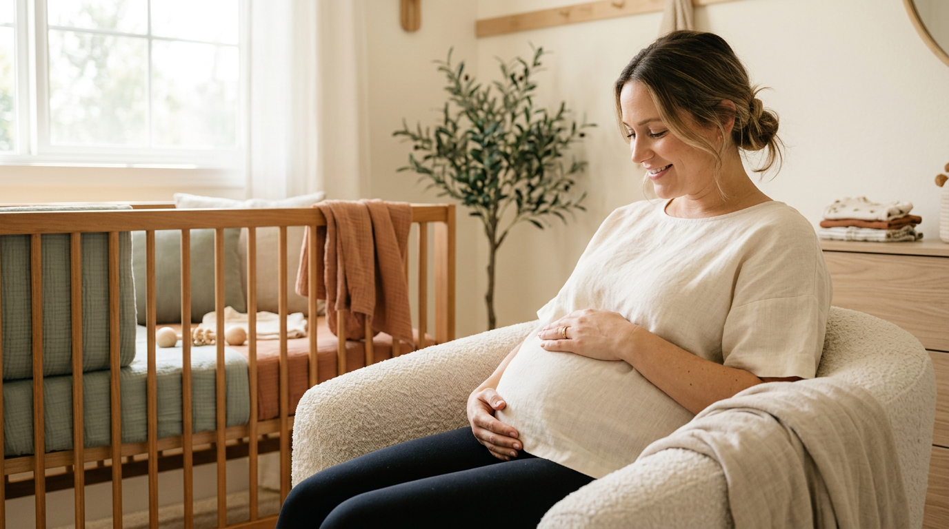 A pregnant mother drinking coffee and resting her hands on her belly.