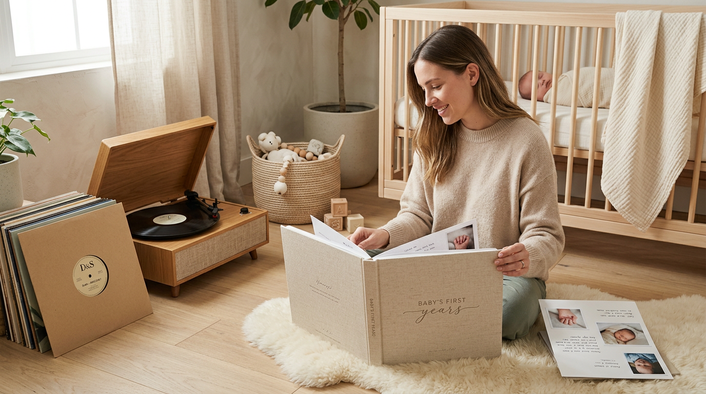 Dad holding twins while playing the dijon baby vinyl record next to a PVC-free organic cotton playmat.